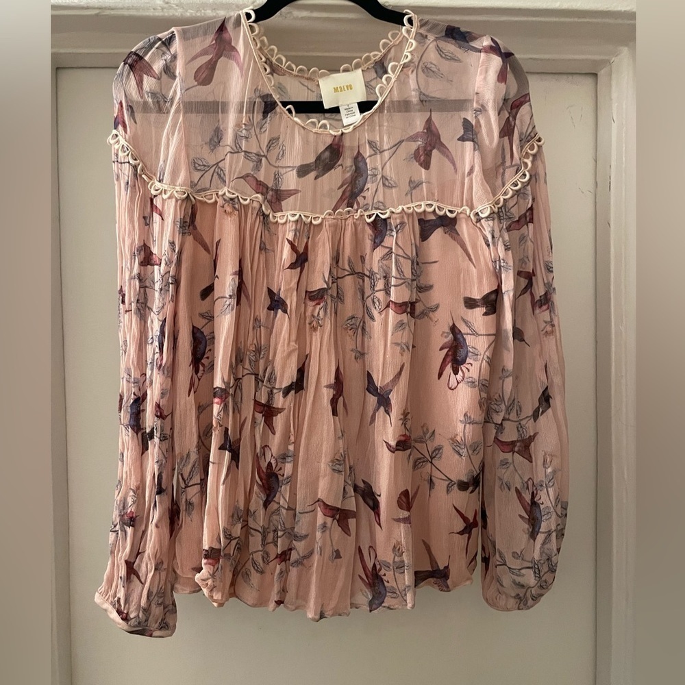 Maeve Pink Floral Sheer Long-Sleeve Blouse